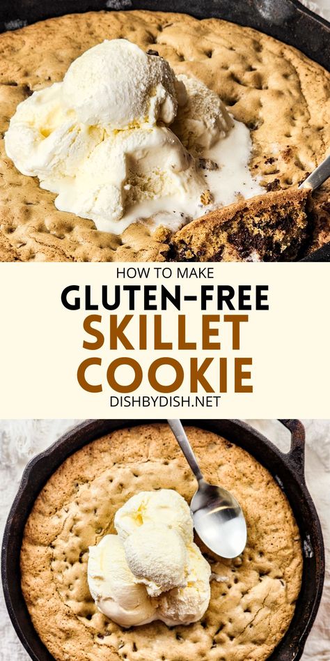 Chocolate chip cookie lovers, you'll love this gluten-free skillet cookie that's so easy to prepare, and tastes amazing! Enjoy it with scoops of vanilla ice cream for a sweet treat everyone will love! Totally dairy-free too. Gluten Free Skillet Cookie, Skillet Cookie, Vanilla Ice, Chocolate Chip Cookie, Vanilla Ice Cream, Sweet Treat, Chip Cookies, Skillet, Chocolate Chip Cookies