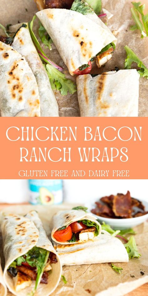 Chicken Bacon Ranch Wraps are a delicious lunch or dinner option! They're filled with juicy chicken, crispy bacon, fresh vegetables, and a drizzle of dairy free ranch dressing. Plus, they're great for meal prep! Dairy Free Wraps, Delicious Dinners For Two, Bacon Ranch Wraps, Gluten Free Diet For Beginners, Dairy Free Ranch, Ranch Wraps, Dairy Free Ranch Dressing, Quick And Easy Lunch Ideas, Healthy Kid Friendly Recipes