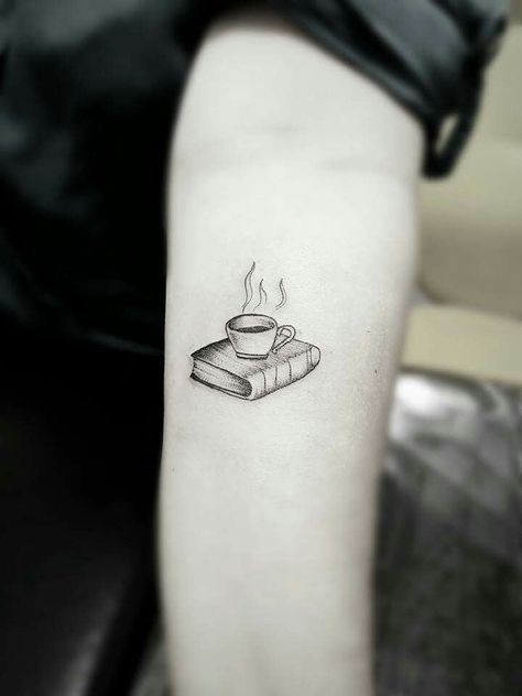 Book With Coffee Tattoo, Teacup Book Tattoo, Coffee And Book Tattoo Ideas, Tattoos For Bookworms, Book And Coffee Tattoo Small, Simple Tattoos For Book Lovers, Book Friend Tattoos, Teacup And Book Tattoo, Book Coffee Tattoo