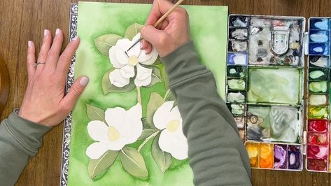 How to Paint Magnolia Flowers White Magnolia Flower, Flowers With Leaves, Magnolia Flowers, White Magnolia, Magnolia Flower, How To Paint, Media Art, Pretty Flowers, Mixed Media Art