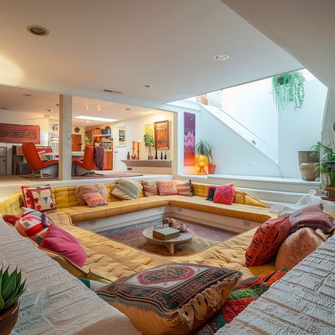 Coolest Interior Design, 80s Sunken Living Room, Diy Sunken Living Room, Sunk In Living Room 70s, Floor Couches Living Rooms, 70s Drop Down Living Room, Aesthetic Conversation Pit, Sunken Couch Living Room, Social Pit Living Room