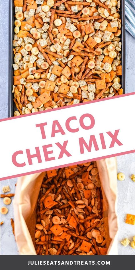 Love a salty snack mix recipe? Put a kick in your Chex Mix by seasoning it with taco seasoning. This Taco Chex Mix recipe is the perfect salty snack to keep the munchies away. It's great for parties, after school snacks, lunches and more! #chexmix #recipe Chex Mix With Taco Seasoning, Spicy Snack Mix Homemade, Taco Snack Mix Recipes, Mexican Chex Mix Recipes, Best Salty Snacks, Tex Mex Chex Mix Recipes, Taco Chex Mix Recipe, Salty Treats Parties Snacks, Salty School Snack