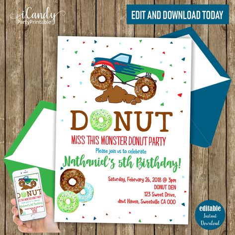 Monster Truck Birthday Party Ideas, Truck Birthday Party Ideas, Donut Invitation, Monster Truck Birthday Party, Donut Art, Truck Birthday Party, Monster Truck Party, Monster Trucks Birthday Party, Donut Birthday Parties