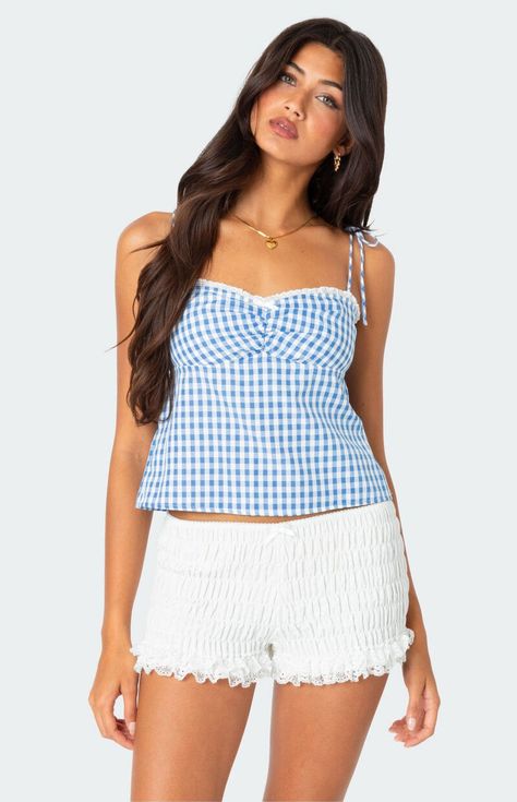 Billie Open Tie Back Gingham Top Blue And White Tops, Aesthetic Plaid, School Outfit Women, Gingham Top, Summer Vest, Tops Style, Fit Summer, Womens Camisoles, Plaid Outfits