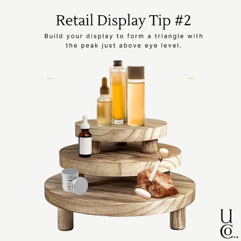 Retail Display Tip #2: Create visual interest with the power of the triangle! 🔺 A well-placed riser can make all the difference. 😉  Want more expert tips to boost your spa's retail game? Read our latest blog post!    #RetailTips #Spa Skin Care Table Display, Med Spa Retail Display, Spa Boutique Ideas, Spa Product Display, Ambience Decor, Hair Salon Equipment, Lash And Brow Tint, Skin Care Supplies, Boutique Spa