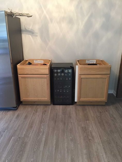 DIY Beverage or coffee Bar. Learn how we created an affordable beverage or coffee bar with thrifted cabinets, paint and a slab of granite. This DIY coffee bar has been a huge help with kitchen storage too. #DIYcoffeebar #coffeebar #beveragebar Diy Beverage Bar With Mini Fridge, Basement Walk Up Bar Ideas, Diy Dry Bar With Mini Fridge Ikea, Dry Bar With Beverage Fridge, Bar Wall Cabinet Ideas, Basement Dry Bar Ideas With Fridge, Bar Fridge Cabinet, Beverage Center In Kitchen, Diy Dry Bar With Mini Fridge