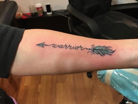 Warrior 🔱 My tattoo representing my PTSD diagnosis (teal) Arrow Tattoo With Color, Warrior Semi Colon Arrow Tattoo, Warrior Arrow Tattoos For Women, Warrior Arrow Tattoo, Warrior Tattoos For Women, Noah Tattoo, Tattoos For Black Women, Survivor Tattoos, Tattoos For Females