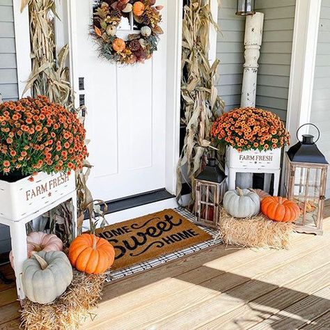 Fall Patio Decor, Floor Lanterns, Rustic Floor, Fall Front Porch Decor Ideas, Front Porch Decor Ideas, Cozy Fall Decor, Fall Front Porch Decor, Decor Steals, Fall Farmhouse