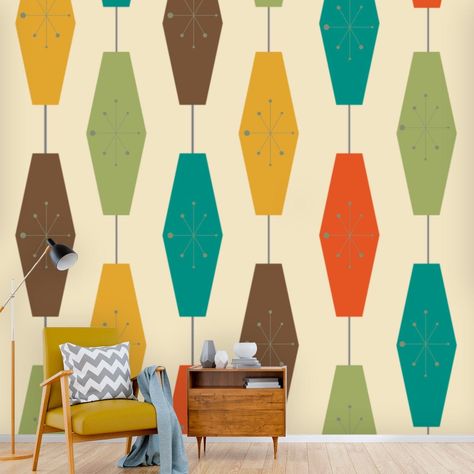 Mid Century Modern Peel And Stick, Retro Geometric Groovy Lights, Atomic Starburst Pattern Wall Murals - 7654832832667 Vintage Wall Murals Painted, Mid Century Pattern Design, Mid Century Peel And Stick Wallpaper, Retro Designs Pattern, Mid Century Modern Motifs, Mid Century Modern Patterns Wallpaper, Midcentury Pattern Design, Mid Century Modern Mural, Mid Century Mural