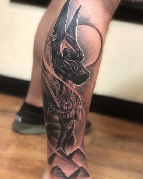 Leg Anubis Tattoo Anubis Tattoo Design Ideas, Nevada Tattoo, Floral Tatoos, Anubis Tattoo Design, Tattoos For Women Arm, Ship Tattoo Sleeves, Egyptian Tattoo Sleeve, Anubis Tattoo, Skull Girl Tattoo