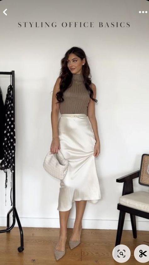 Cream Skirt Outfit, Sophie Moulds, Slip Skirt Outfit, Minimal Office, Silk Skirt Outfit, Lily Silk, Soft Feminine Outfits, Satin Skirt Outfit, Minimalistic Outfits