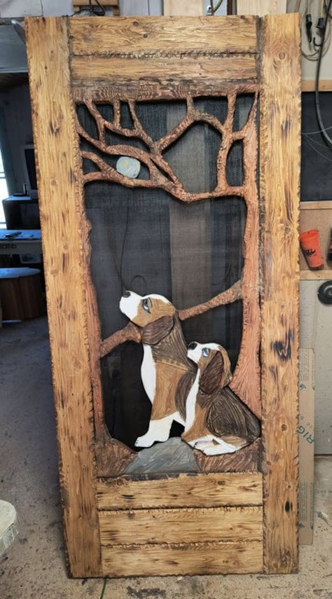 Rustic Hand Carved Beagle Screen Door or Dog of Your Choice Email us at sales@rstfrm.com before ordering this door to discuss shipping prices to discuss exactly what you would like in your door. Doors can be made from reclaimed barnwood, reclaimed pine, douglas fir or cedar.   All doors are custom made for each customers needs. The door is totally hand carved in house.  There are no CNC machining and the door is made in the USA. Email us at sales@rstfrm.com before ordering this door  The screen is heavy duty pet screen. Size shown is 36 x 80. We can make any size required, just let us know. We ask for anyone interested in this door to email us at sales@rstfrm.com  All doors are custom made from scratch. Since these doors must be shipped as freight please email us at sales@rstfrm.com to dis Rustic Screen Door, Dog Screen Door, Log Bed Frame, Painted Screen Doors, Decorative Screen Doors, Hunting Crafts, Wood Screen Door, Wooden Screen Door, Cabin Doors