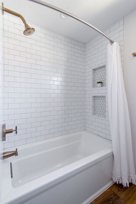 White Subway Tile Shower Ideas Tubs, Gray And White Bathtub Tile, Subway Tile Bathtub Surround With Niche, Subway Tile Shower And Tub, Cape Cod Style Bathroom Ideas, Bathroom Shower Subway Tile, Bathroom Shower Subway Tile Ideas, Subway Tile Around Bathtub, Subway Tile Shower Tub Combo