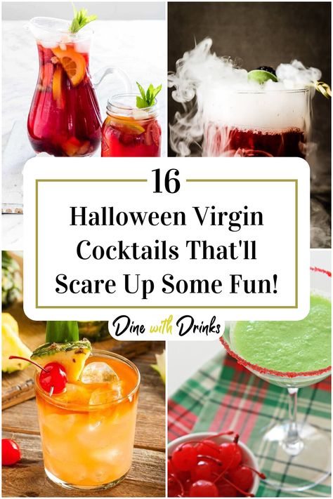 Collage of 4 halloween virgin cocktails. Masquerade Mocktails, Virgin Halloween Cocktails, Spooky Mock Tails, Witchy Mock Tails, Halloween Virgin Drinks, Spooky Mocktail Recipe, Halloween Mock Tails, Non Alcoholic Halloween Drinks, Halloween Mocktail Recipe