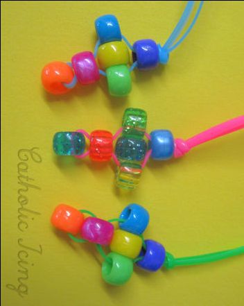 kids christian craft. diy beaded cross necklace. pony beads, glue dots and plastic string (lanyard) Easter Religious Crafts, Beaded Cross Necklace, Story Crafts, Messy Crafts, Pony Bead Crafts, Lily Lotus, Kids Bible, Bible School Crafts, Christian Crafts