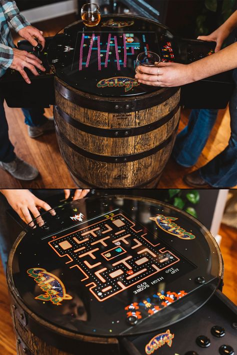 This handcrafted arcade lets you can play up 60 classic arcade games like Pac-Man, Galaga, Donkey Kong, and more while sitting around a real whiskey barrel. Diy Whiskey Barrel, Diy Whiskey, Navy Ball, Whiskey Barrels, Ball Ideas, Whiskey Barrel, Donkey Kong, Pac Man, Arcade Games