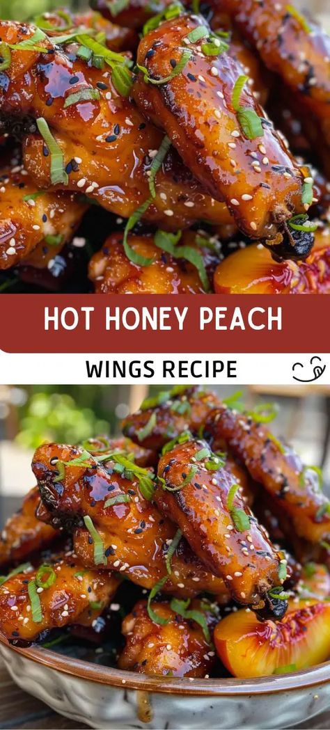 Hot Honey Wings, Honey Wings, Peach Glaze, Peach Chicken, Spicy Wings, Lunch Appetizers, Hot Honey, Glazed Chicken, Honey Chicken