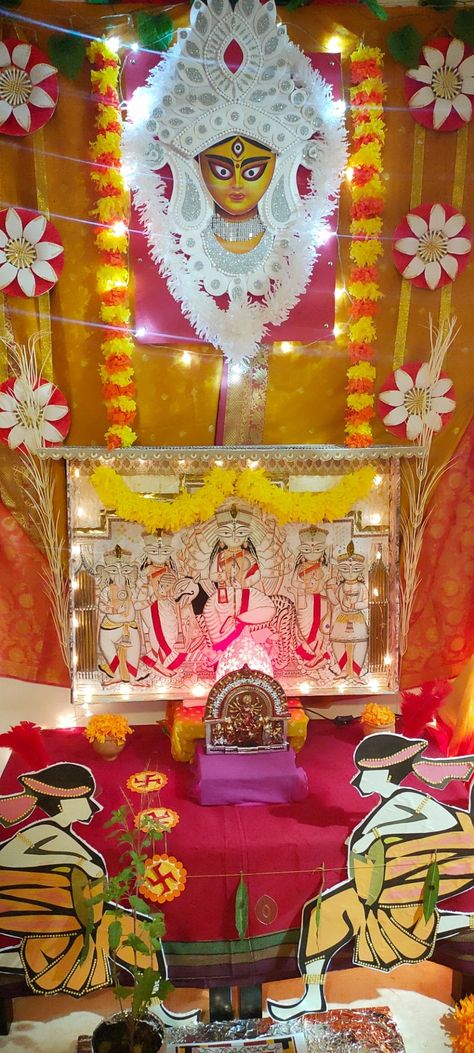 We decorated this puja mandap at home to celebrate Durga pooja Durga Puja Home Decoration, Durga Puja At Home, Durga Puja Decoration At Home, Durga Pooja Decoration At Home, Durga Puja Decoration Ideas At Home, Puja Mandap, Puja Decoration, Mandap Decoration, Maa Laxmi