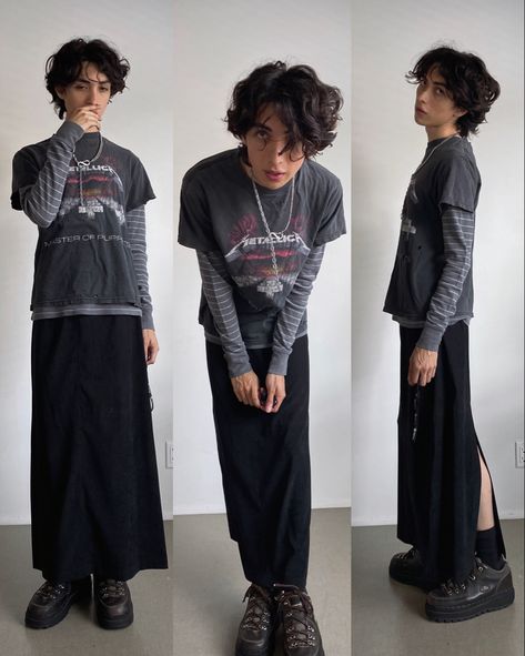 Punk Fashion Nonbinary, Guy In Long Skirt, Casual Dnd Outfits, Skirt Outfits For Men, Amab Nonbinary Outfits, Shakespeare Aesthetic Outfits, Nonbinary Winter Outfits, Aesthetic Masc Outfits, Men Wearing Dress