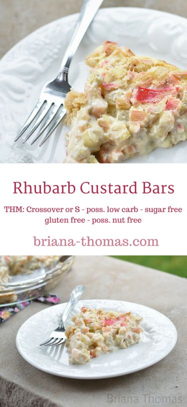 Rhubarb Custard Bars (THM: Crossover or S, possibly low carb, sugar free, gluten free, possibly nut free) Thm Bars, Custard Bars Recipe, Keto Rhubarb, Rhubarb Custard Bars, Custard Bars, Rhubarb Rhubarb, Thm Sweets, Briana Thomas, Trim Healthy Mama Dessert