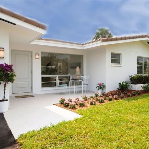 White Stucco Exterior Modern, All White Stucco House Exterior, White Stucco White Trim, White Smooth Stucco Exterior, White Stucco House With White Windows, Mediterranean Stucco Homes, 90s Stucco Exterior Update, Stucco House Makeover, White Ranch Style House Exterior