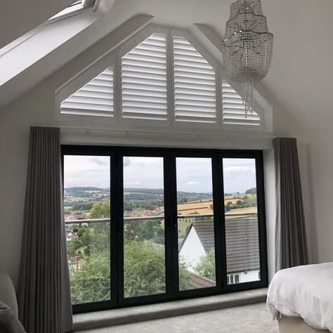 Curtains For Apex Windows, Big Bedroom Window, Transient Windows Bedroom, Gable Window Curtains, Apex Window, Apex Window Bedroom, Long Windows Bedroom, Awkward Window Solutions, Gable End Windows Curtains