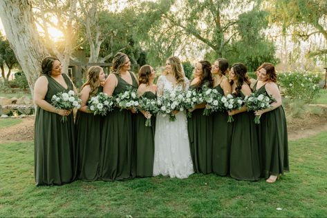 Deep olive green bridesmaids dresses from Revelry.com photo: @julia__weldon Deep Olive Green Bridesmaid Dresses, Olive Green Bridesmaid, Green Bridesmaids Dresses, Olive Green Bridesmaid Dresses, Deep Olive Green, Vintage Garden Wedding, Yard Wedding, Magnolia Leaves, Green Bridesmaid