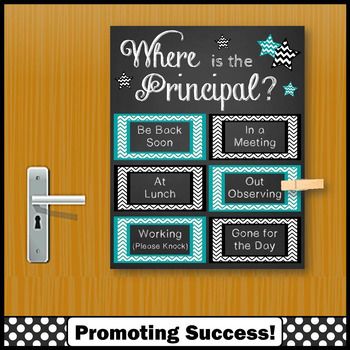 This printable poster will make a great gift for Principal Appreciation Day / Week or for Bosses Day. It is a door sign done in teal and black with the quote, "Where is the Principal?" Attach a clothespin to the appropriate place on the poster. Clothespins not included, but you could easily decorate one with paint, scrapbook paper Assistant Principal Office, Counselor Door Sign, Counselor Door, Psychology Office Decor, Principal Appreciation Gifts, School Counseling Week, Principal Appreciation, School Counseling Office, Teacher Door Signs