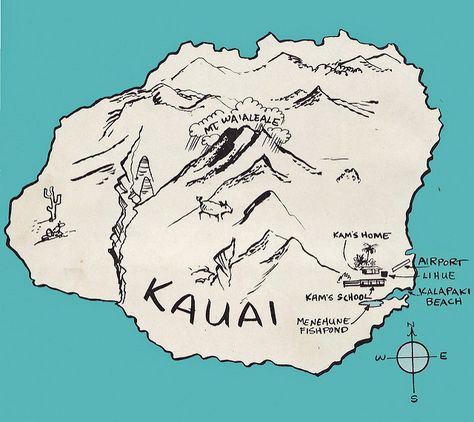 Kauai | Map from a vintage regional elementary school. Ancestry Map, Kauai Map, Hawaiian Culture, Set Designs, Kauai, My Happy Place, Elementary School, Map Art, Happy Place