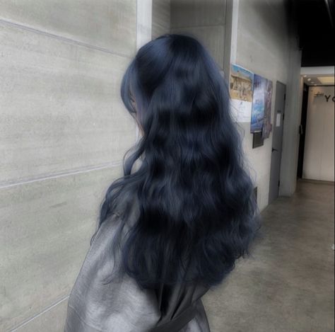 Midnight Blue Hair Aesthetic, Long Blue Hair Aesthetic, Blue Hair Aesthetic Faceless, Navy Blue Hair Aesthetic, Bun Hairstyles Kids, Long Dark Blue Hair, Black Hair Japanese, Dusty Blue Hair, Hairstyles Medium Length Hair