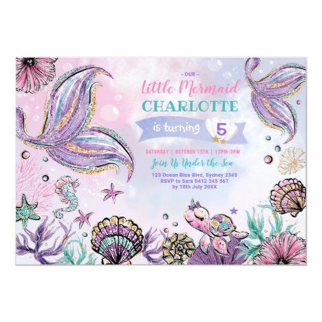 Cute Mermaid Under the Sea Birthday Party Invitation Mermaid Baby Shower Invitations, Whimsical Mermaid, Mermaid Birthday Party Invitations, Pretty Mermaids, Sea Baby Shower, Under The Sea Birthday, Mermaid Baby, Mermaid Birthday Invitations