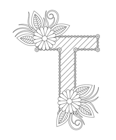 Alphabet coloring page with floral style. ABC coloring page - letter T Letter T Drawing, Letter A Coloring Pages, Alphabet Drawing, Coloring Letters, Embroidery Hoop Art Diy, Abc Coloring Pages, Baby Sitting, Abc Coloring, Fancy Letters