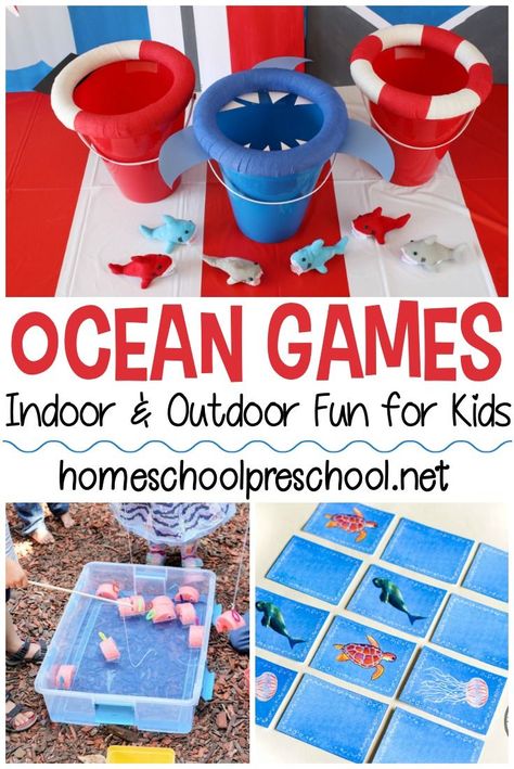 These ocean themed games for kids are perfect for summer! Add them to your summer preschool lessons about the ocean or save them for an ocean-themed birthday party!   #oceanbirthdayparty #oceangames #oceanpreschool #homeschoolprek Ocean Outdoor Activities Preschool, Ocean Themed Games For Preschool, Ocean Themed Activities For Preschoolers, School Age Ocean Theme Activities, Ocean Theme Party Activities, Ocean Themed Summer Camp Activities, Ocean Birthday Activities, Ocean Birthday Party Activities, Indoor Mermaid Party Games