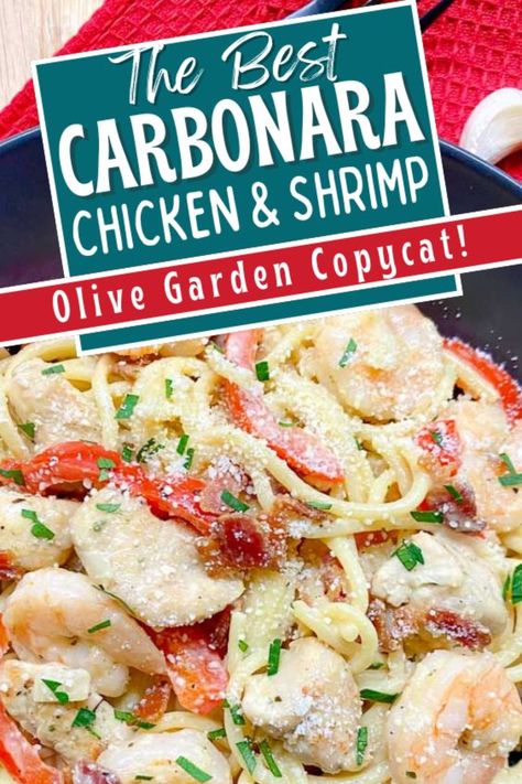 We love copycat recipes here and we especially love Olive Garden copycat recipes! This pasta dish might just be one of the absolute BEST dishes on Olive Garden's menu. It is a hearty pasta dish that the whole family will love.  Follow us   #ChickenAndShrimpCarbonara #OliveGardenCopycat #HomemadeComfortFood #ItalianInspired #EasyDinnerRecipes #FamilyDinnerIdeas #CarbonaraLove Olive Garden Copycat Recipes, Chicken Scampi Pasta, Creamy Carbonara Sauce, Chicken And Shrimp Carbonara, Shrimp Carbonara, Olive Garden Chicken, Copycat Recipes Olive Garden, Olive Garden Copycat, Chicken Bacon Ranch Pasta