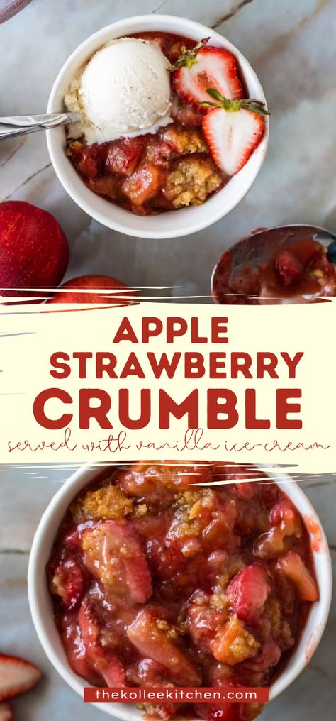 Big chunks of apple and strawberry combine perfectly in this delicious apple and strawberry cumble. This is a dessert best served warm with a big scoop of vanilla ce cream! Apple And Strawberry Crumble, Strawberry Apple Dessert, Apple Strawberry Crumble, Strawberry Apple Recipes, Apple And Strawberry Recipes, Strawberry Apple Crisp, Strawberry And Apple Desserts, Apple Strawberry Crisp, Strawberry Crumble