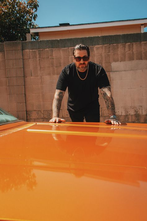 Leaning on the hood of his 66 impala. #lukewessman #photoshoot #mensstyle #tattooedman #classic #gentleman Luke Wessman, G Eazy Style, 66 Impala, Classic Gentleman, Anime Vs Cartoon, G Eazy, Tattoo Artist, Tattoos For Guys, Tattoo Artists