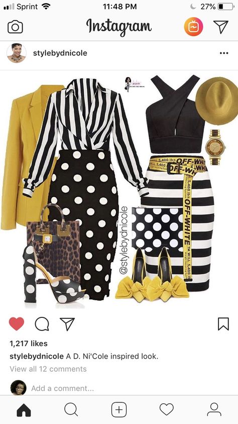 Polka Dot And Stripes Outfit, Black White And Yellow Outfit, Black White Yellow Outfit, Stripes And Polka Dots Outfits, Chic Church Outfits, Yellow Skirt Outfit, Yellow Shoes Outfit, Boots Luxury, Yellow Shoes