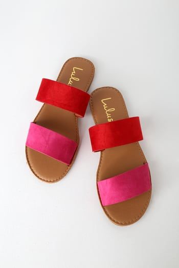 Cute Dresses, Tops, Shoes & Clothing for Women Red Flat Sandals, Rhinestone High Heels, Affordable Shoes, Suede Slides, Red Sandals, Cork Wedges Sandals, Sandal Heels, Leather Slide Sandals, Lace Up Sandals