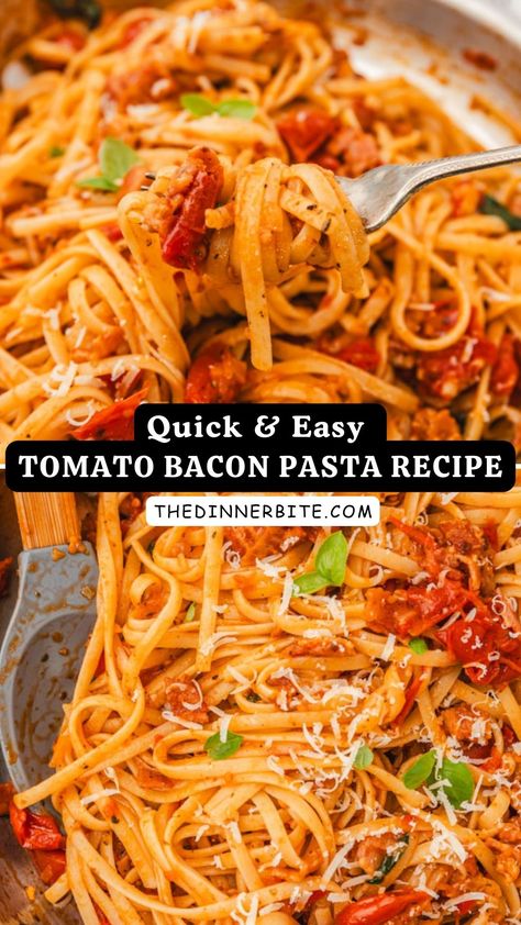 Craving a delicious pasta dish with a kick of flavor? 😋 Try our Easy Tomato Bacon Pasta! This dinner bite is perfect for a quick weeknight meal with family or friends. Don't miss out on this scrumptious pasta recipe! 🍝👩‍🍳 Pasta Dish With Bacon, Bacon Sundried Tomato Pasta, Bacon And Tomato Pasta, Pasta And Bacon Recipes, Pasta With Diced Tomatoes, Bacon Tomato Pasta, Bacon Pasta Recipes, Pasta With Bacon, Tomato Pasta Recipe