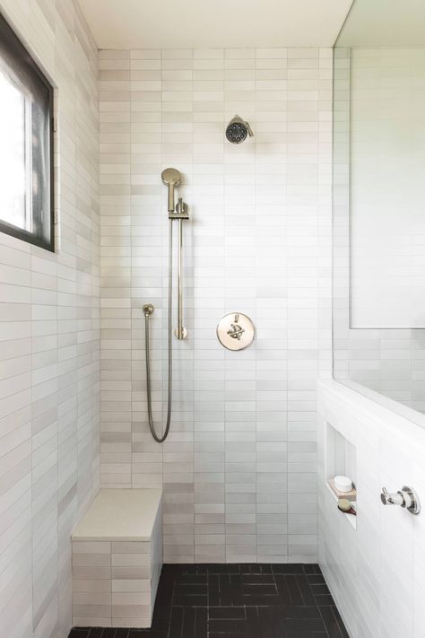 shower with seating and multiple nozzles is a must. plus built in storage for soap. Remodelista Bathroom, Shower Bench Built In, Dream Showers, Built In Shower Seat, Bathroom Seat, Accessible Bathroom Design, Modern Room Design, Modern Bathroom Ideas, Window In Shower