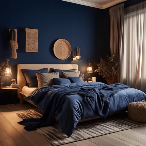 Chambre bleu nuit : 18 idées déco pour une ambiance calme ! Dark Blue Bedroom Walls, Dark Blue Rooms, Blue Bedroom Walls, Dark Blue Bedrooms, Navy Blue Bedrooms, Boho Bedroom Furniture, Blue Bedroom Design, Blue Bedroom Decor, Dark Bedroom