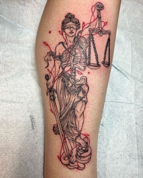 Scales Of Justice Tattoo Traditional, Library Of Alexandria Tattoo, Red Libra Tattoo, Lady Justice Back Tattoo, Human Rights Tattoo Ideas, Lady Lazarus Tattoo, Women’s Forarm Tattoos, Tattoos With Red And Black, Justice Card Tattoo