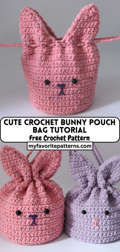 Cute Crochet Bunny Pouch Bag Tutorial Crochet Bunny Drawstring Bag, Crochet Bunny Pouch, Crocheted Easter Bunny, Crochet Easter Bag, Crochet Bunny Bag Free Pattern, Crochet Animal Bags Free Pattern, Bunny Bag Crochet, Bunny Crochet Bag, Crocheted Easter Items