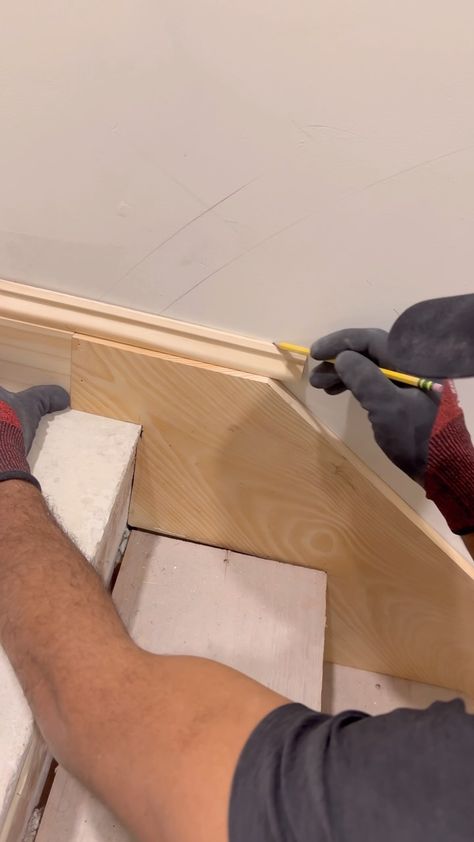 Skirting board transition 👉 Gpr3Carpentry🔨 #construction #carpentry #tips #viral #tools #stairs | Instagram Trimming Stair Skirt, Skirt Board For Stairs, Baseboard Step Down Transition, Transition From Stair Skirt To Baseboard, How To Fix Creaky Stairs, Woodworking Tricks, Stairs Skirting, Stairs Remodel, Stairs Trim