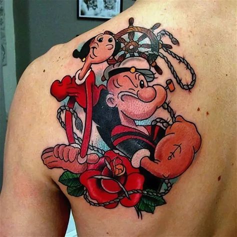 Popeyes The Sailor Man, Sailor Man Tattoo, Olivia Tattoo, Popeye Tattoo, Cameo Tattoo, Popeye Olive, Poseidon Tattoo, Popeye And Olive, Man Tattoo