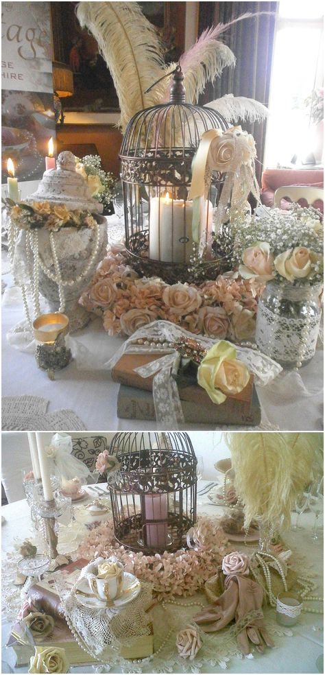 Top Tips – Non Flower Centerpieces- birdcages and feathers from Beautifully Vintage Non Flower Centerpieces, Victorian Steampunk Wedding, Victorian Party, Bird Cage Centerpiece, Candles Flowers, Flowers Candles, Great Gatsby Wedding, Wedding Floral Centerpieces, Steampunk Wedding