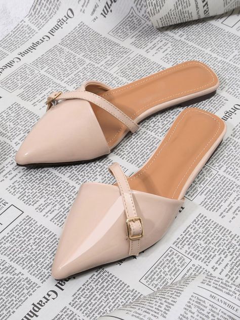 Pointed Toe PU Flat Slippers -SHEIN(SHEINSIDE) Women's Mules Shoes, Flat Slippers For Women Fashion, Men Shoes Aesthetic, Women Slippers Fashion, Shoes Aesthetic, Flat Slippers, Fashion Shoes Flats, Shoes Photography, Fashion Slippers