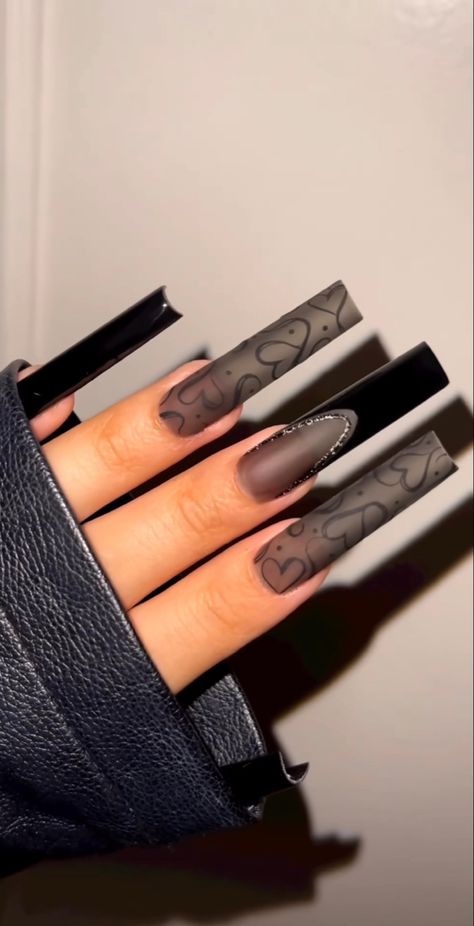 XL nails, black nails, heart nails, emo nails, black french tip nails, prom nail inspo, black nail art, acrylic nails, long nails Prom Nail Inspo Black, Black Nails Emo, Cute Emo Nails, Medium Black Nails, Transparent Black Nails, Clear Black Nails, Black Emo Nails, Emo Nails Acrylic, Xl Long Acrylic Nails