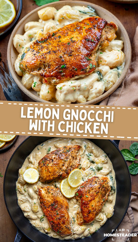 one image shows a beige plate full of gnocchi with a chicken breast on top. The second image shows a black skillet with gnocchi, lemon slices, and three chicken breasts. Gnocchi And Chicken Recipes, Lemon Gnocchi, Gnocchi With Chicken, Pan Fried Chicken Breast, Food Bites, Chicken Gnocchi, Potato Gnocchi, Seasoned Chicken, Fried Chicken Breast