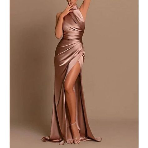 Pink Dress Wedding, Bridesmaid Dress Satin, Wedding Gown Simple Elegant, High Split Dress, Bridesmaid Dresses Satin, Dress Halter Neck, Long Skirt Fashion, Sleeveless Bridesmaid Dresses, Pink Wedding Dresses